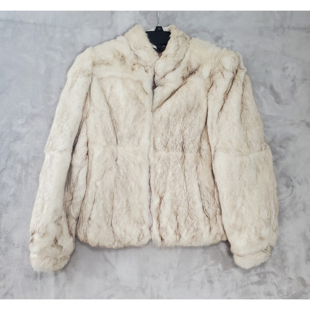 Vintage Dyed Rabbit Fur Coat Womens L Beige Cream Made in Hong Kong Satin Lined